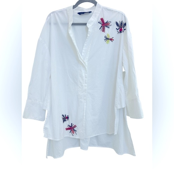 Zara White Button Down Shirt with Embellished Mandarin Collar - Picture 1 of 5